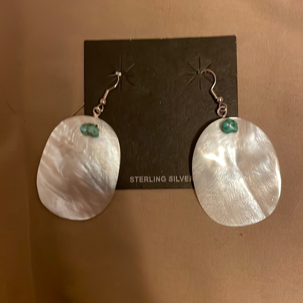 Pearl drop earrings with blue/green stone sterling silver
